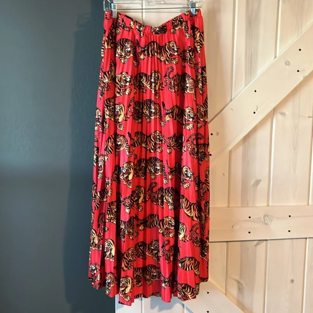 NWOT! Dressed in LALA Don't Let Them Tame You Pleated Midi Skirt, Tiger, Red, L - Picture 5 of 9